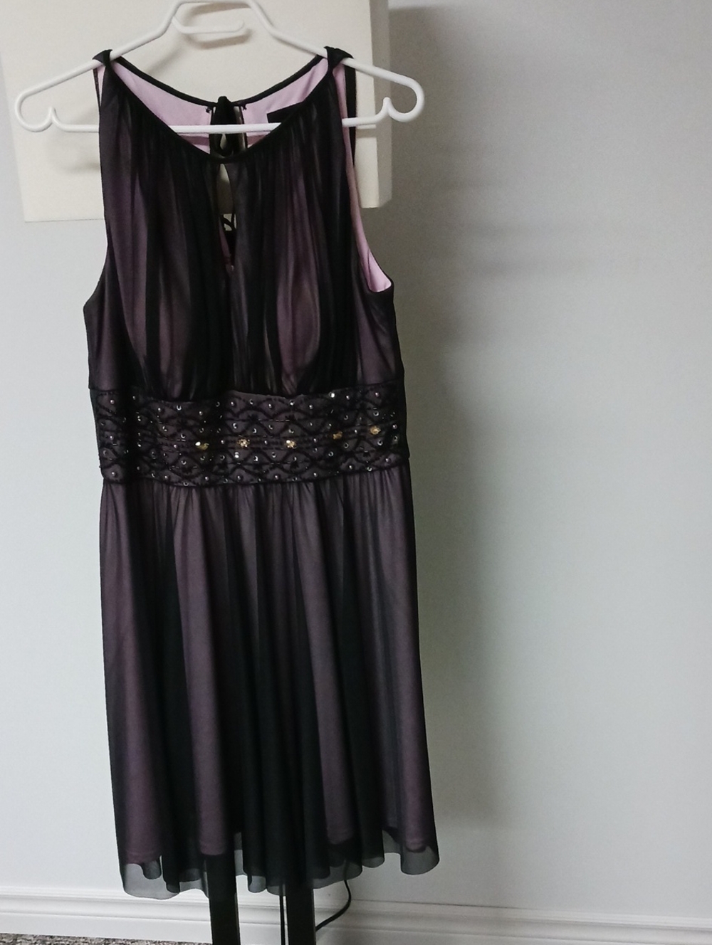 Sheer Overlay Beaded Waist Cocktail Dress - Black/dusty Pink